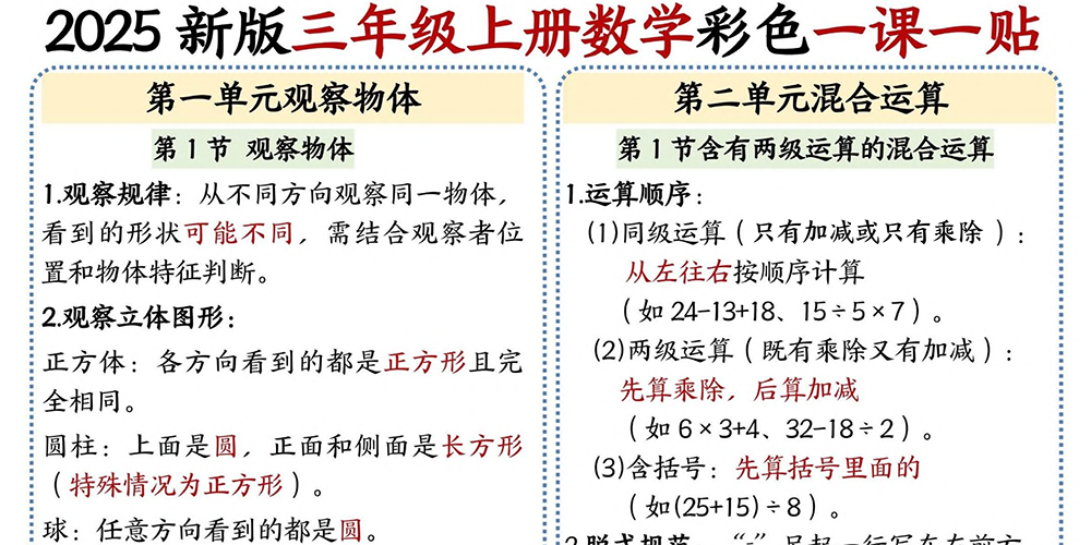 部编版数学三年级上册彩色一课一贴